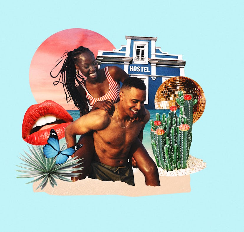 Fun photo collage of a young couple, a blue butterfly, red lips, and a motel representing a solo tri...