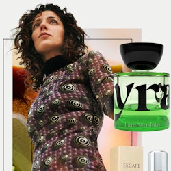 Yasmin Sewell in a patterned dress next to the perfumes Escape by calvin Klein and Free 007 by Vyrao...