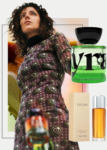 Yasmin Sewell in a patterned dress next to the perfumes Escape by calvin Klein and Free 007 by Vyrao...