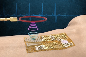 A rendering of the new wearable e-skin that doesn't require computer chips, making it lighter and mo...