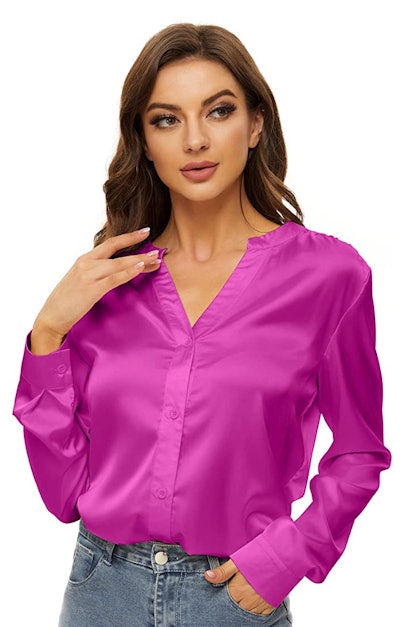 This hot pink silk button down blouse is a top to wear for a Kelly Kapoor Halloween costume.