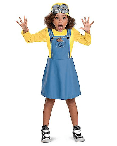 An overall dress and Minion goggles make a cool hot weather Halloween costume.