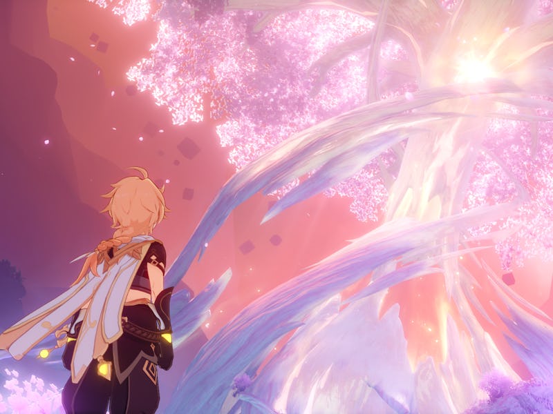 Traveler looking up at Sumeru tree of life