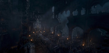 The lords of Westeros stand in the halls of Harrenhal in the opening scene of House of the Dragon Ep...