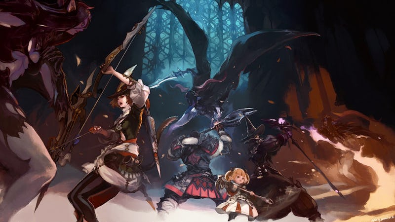 Cover art depicting a battle against monsters from Final Fantasy XIV.