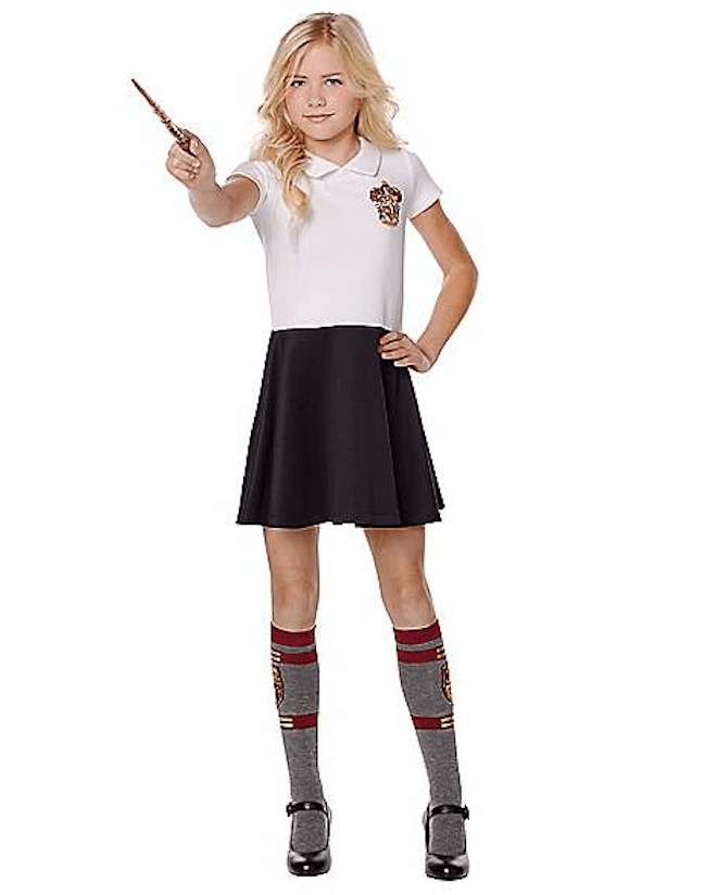 A short polo dress styled after a Hogwarts uniform makes for a perfect hot weather kids Halloween co...