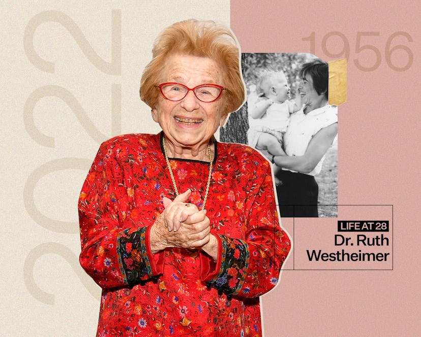 Dr. Ruth Westheimer now and a small photo of her at the age of 28