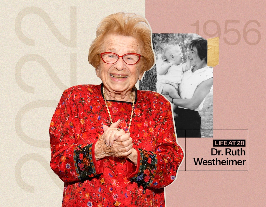 Dr. Ruth Westheimer now and a small photo of her at the age of 28