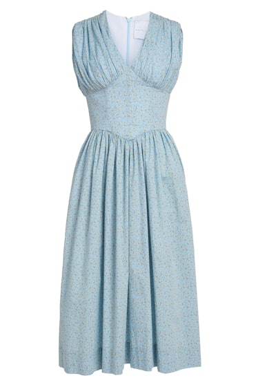 Willa V-Neck Ruched Corset Waist Blue Floral Cotton Dress