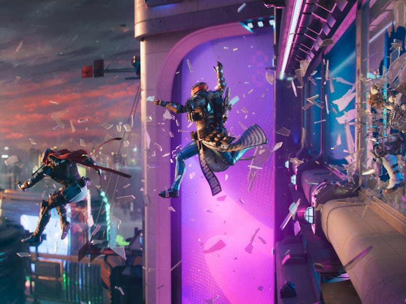 Three characters from Destiny 2: Lightfall expansion breaking through a window and jumping