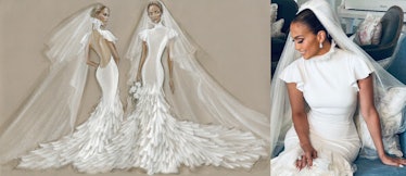 A sketch of one of Jennifer Lopez's wedding dresses and Jennifer Lopez on her wedding day
