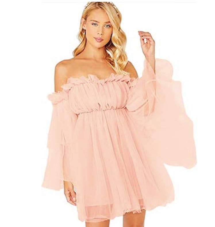 Romwe Off-Shoulder Ruffle Mesh Mini Dress