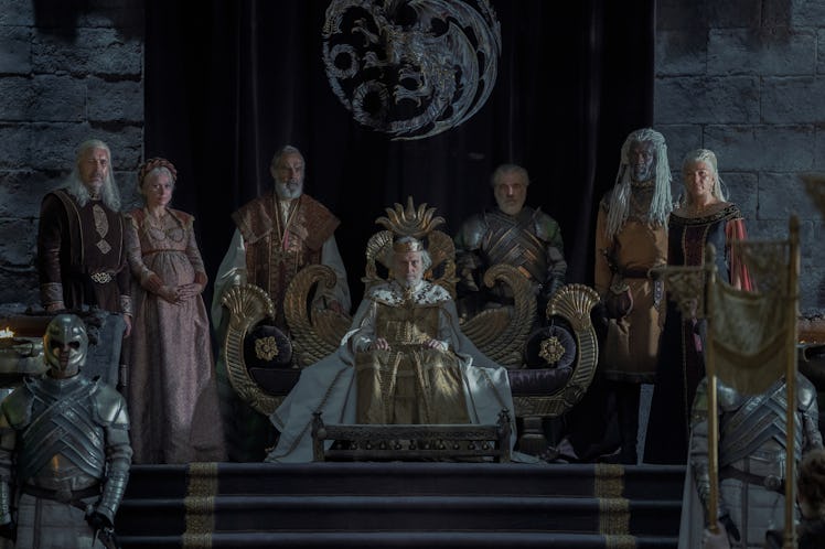 The Targaryen royals stand assembled at the Great Council in House of the Dragon Episode 1