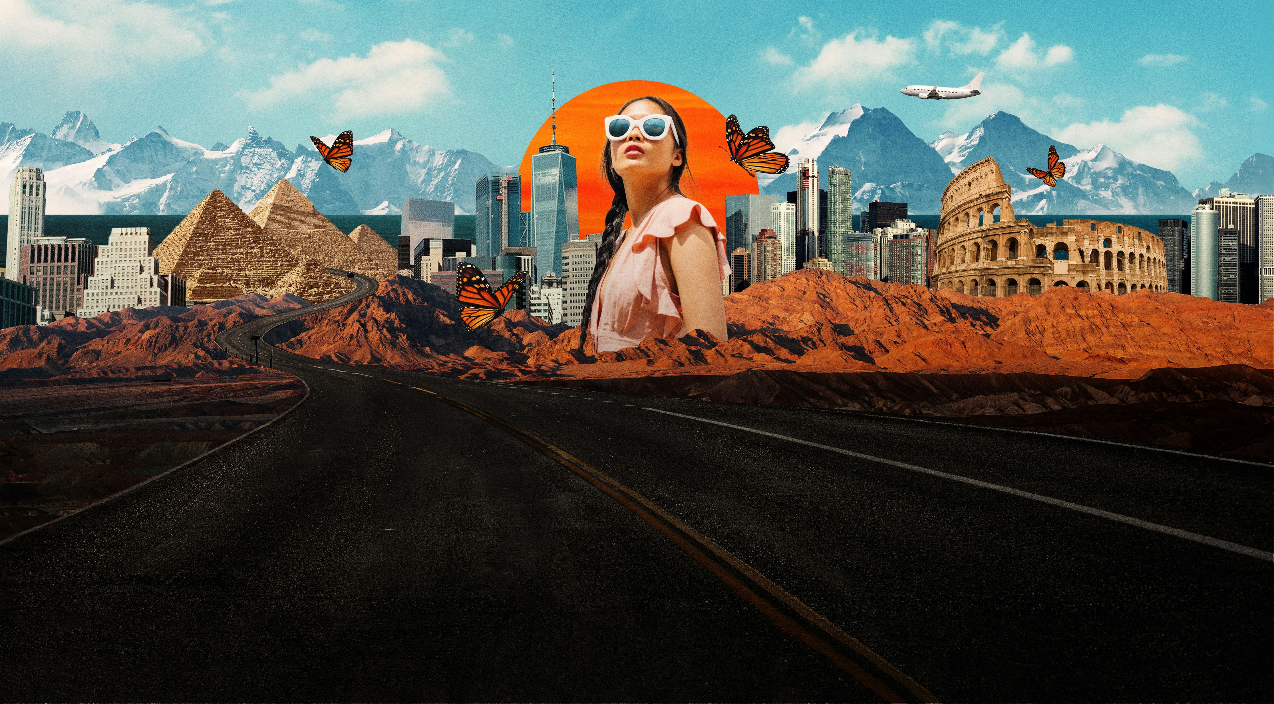 Art collage of a city, butterflies and a girl wearing sunglasses in the middle.