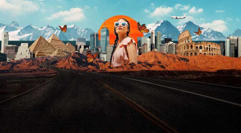Art collage of a city, butterflies and a girl wearing sunglasses in the middle.