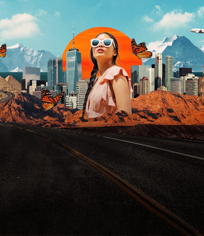 Art collage of a city, butterflies and a girl wearing sunglasses in the middle.