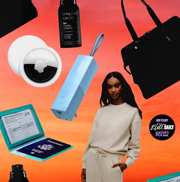 Collage of a female influencer and essentials used for solo adventures