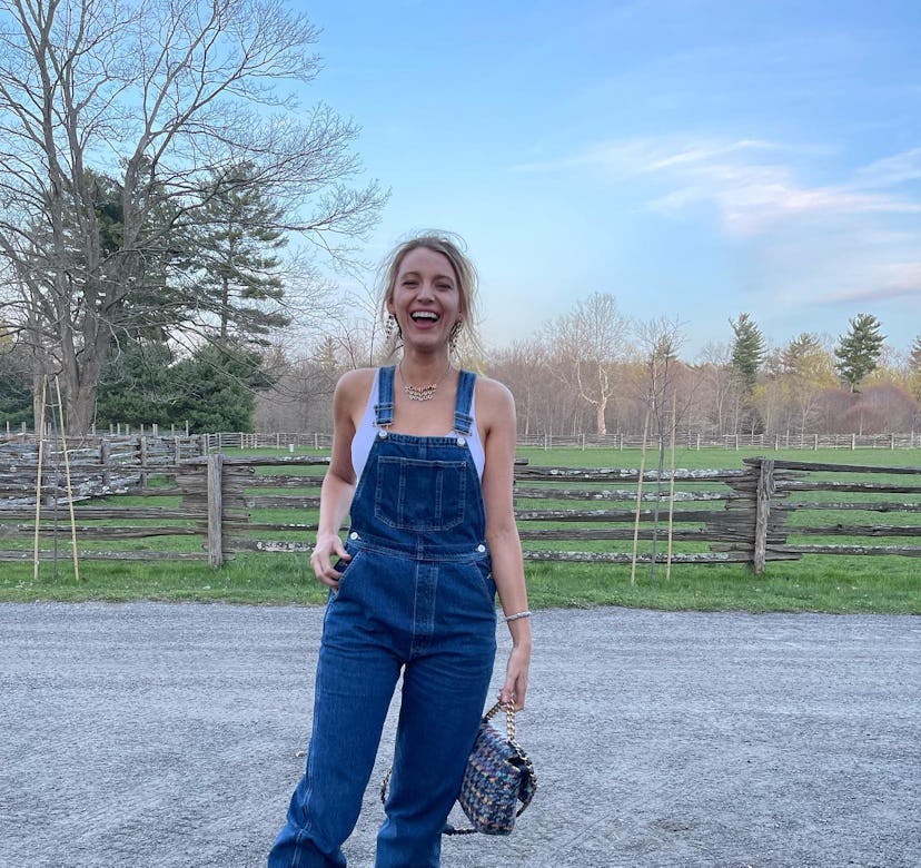 Blake Lively wearing Reformation denim overalls