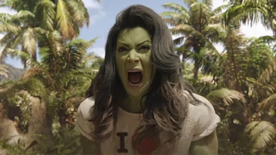 She-hulk screaming while standing in a forest