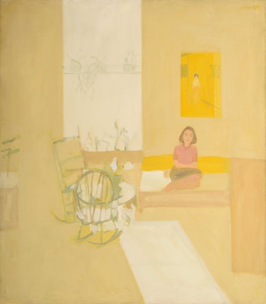 A yellow 1959 Alex Katz painting of a person sitting in a living room
