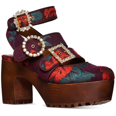 Red Floral Jacquard Ankle Strap Clog