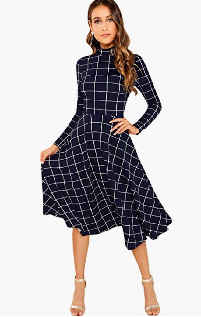Floerns High Neck Plaid Fit and Flare Midi Dress