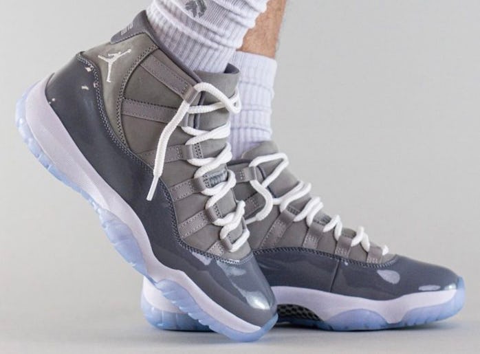 On-feet look of the Nike Air Jordan 11 "Cool Grey"