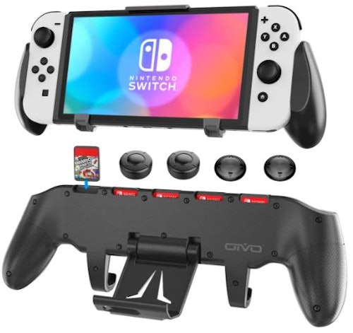 This Nintendo Switch grip stand can be used in tabletop or handheld mode and has built-in game stora...