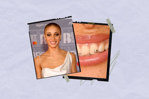 Adwoa Aboah showcasing her Chanel logo tooth gem at the BRIT Awards in 2020