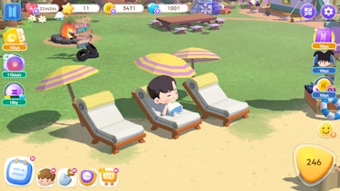 The avatar for J-Hope, resting on a beach chair in the mobile game BTS Island: In the Seom.