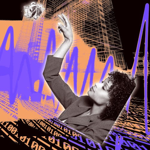 A woman throwing a crumpled paper on an abstract orange, black and blue background