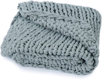 This acrylic chunky knit blanket is lightweight and cozy. 