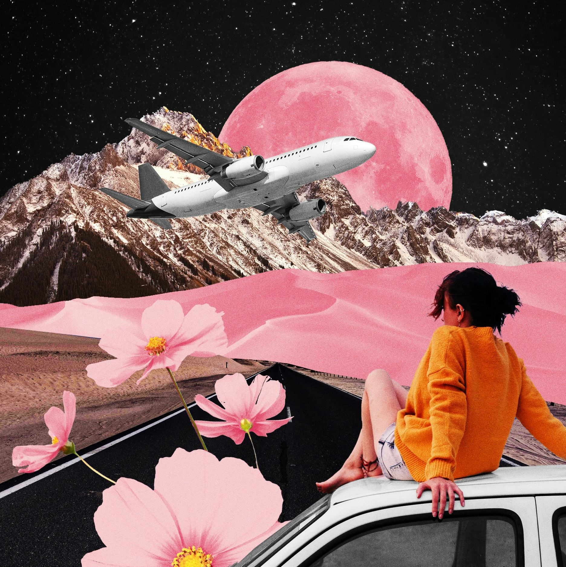 Collage of a girl sitting and an airplane flying