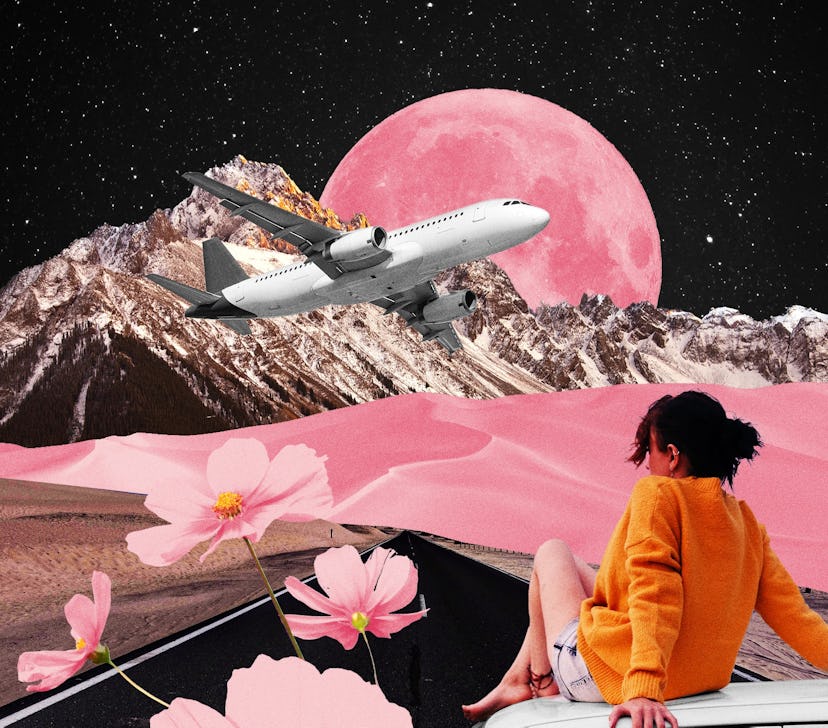 Collage of a girl sitting and an airplane flying