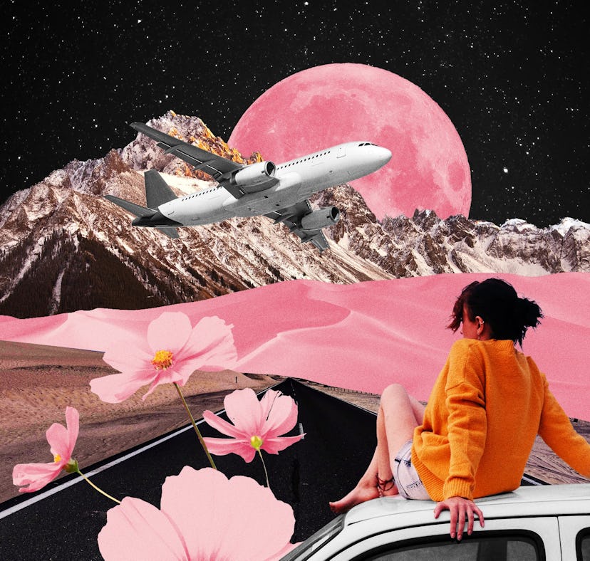 Collage of a girl sitting and an airplane flying
