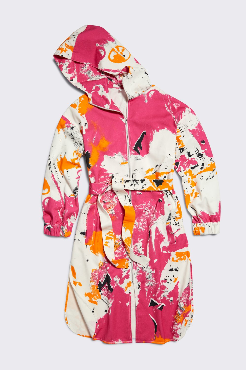 All-Gender Hooded Zip Front Twill Coat in Abstract Fire Orange Print