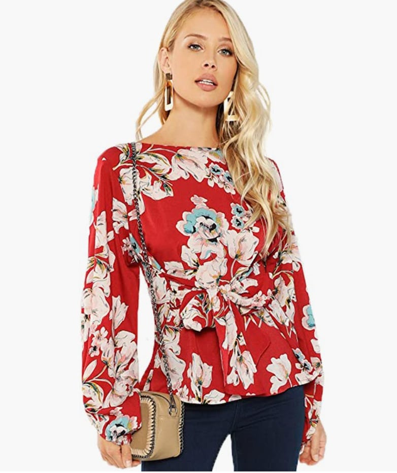 Romwe Long Sleeve Self tie Waist Knot Blouse