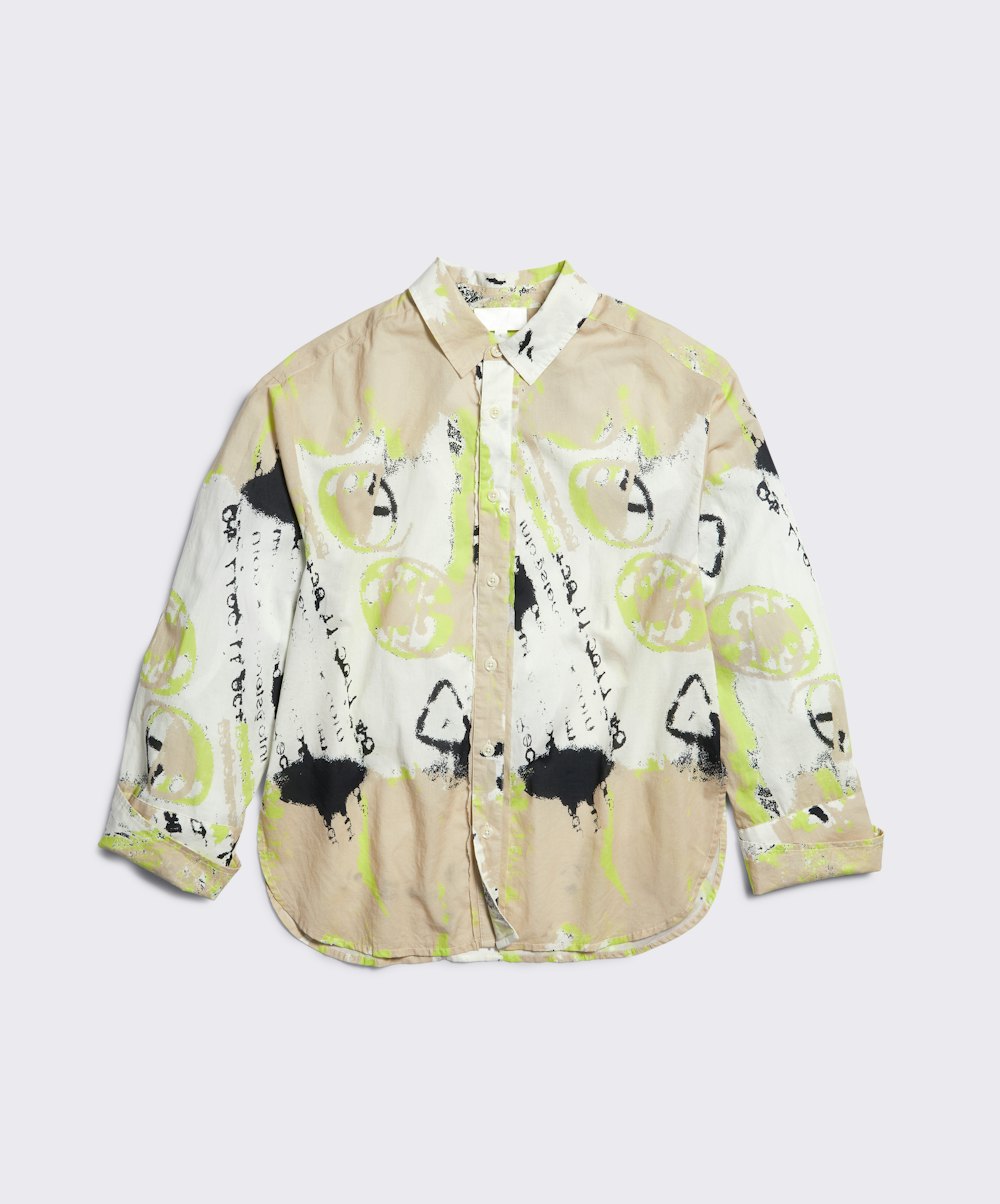 All-Gender Exposed Seams Cotton Button Down Shirt in Abstract Hummus Print