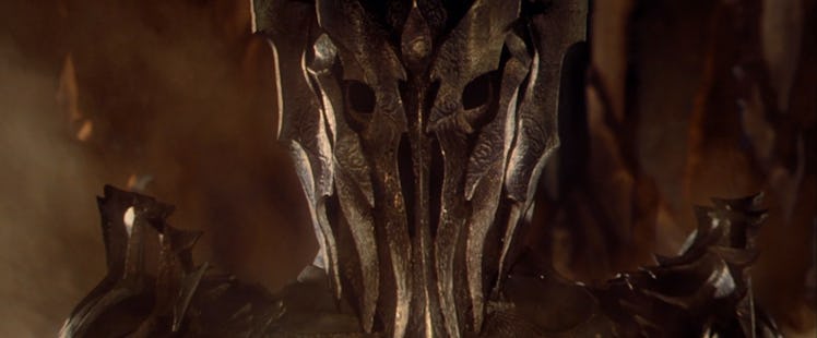 Sauron wears his metal helm in the opening prologue of The Lord of the Rings: The Fellowship of the ...