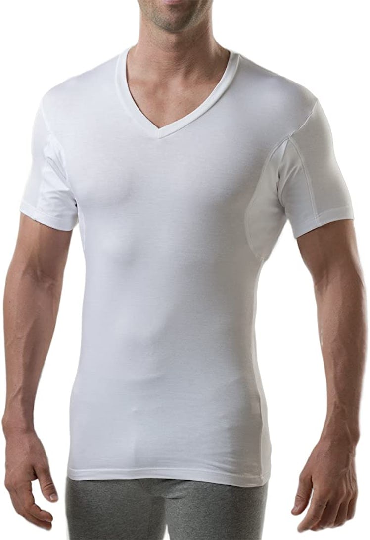 This rayon-spandex blend tee has built-in underarm pads that absorb sweat.