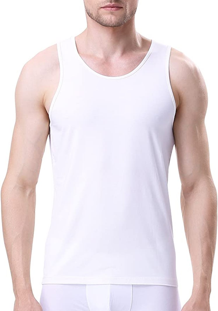 This temperature-regulating bamboo tank undershirt for white dress shirts has a body-hugging fit. 