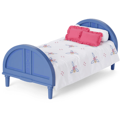 Claudie Wells new American girl doll bed with pink pillows and white bedspread