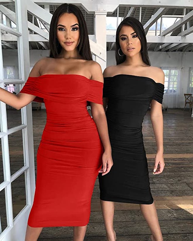 GOBLES Ruched Off-Shoulder Bodycon Dress