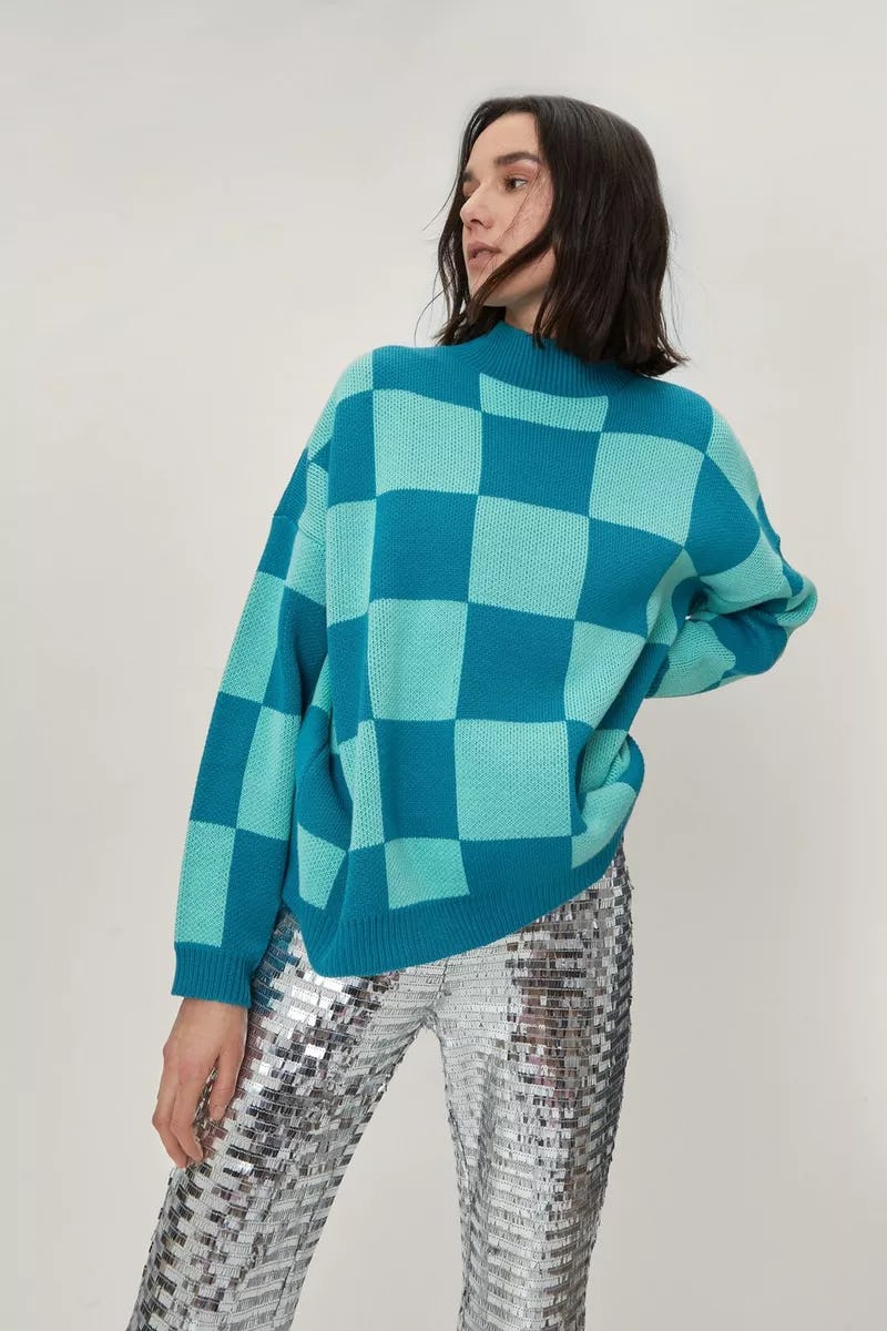 High Neck Slouchy Checkerboard Long Sleeve Sweater