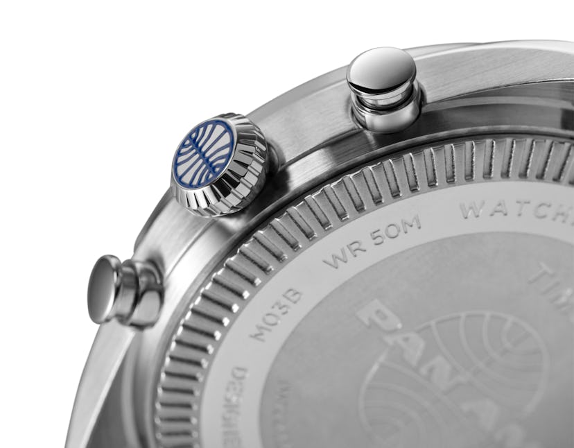 Detail of the back of the Timex x Pan Am Waterbury Chronograph.
