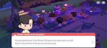 A screenshot from the game In the Seom showing an avatar of the member J-Hope talking about the grou...