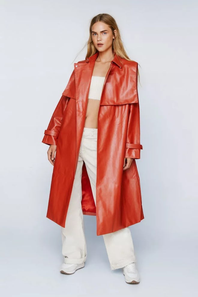 Belted Faux Leather Trench Coat