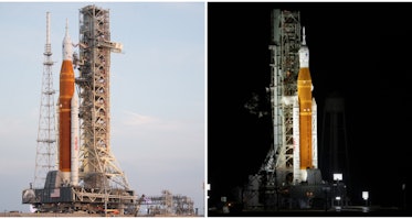 美国宇航局的太空发射系统(SLS)火箭与猎户座飞船被看到在移动平台上。