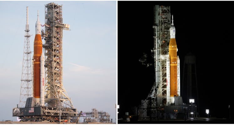 NASA’s Space Launch System (SLS) rocket with the Orion spacecraft aboard is seen atop the mobile lau...