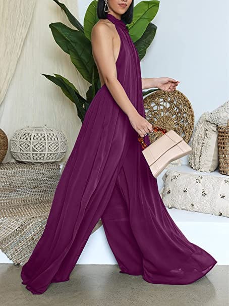 Ekaliy Chiffon Halter-Neck Wide-Leg Jumpsuit
